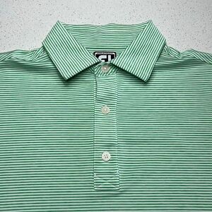 FootJoy Athletic Fit Green White Striped Golf Polo Shirt Sleeve Patch Mens Mediu